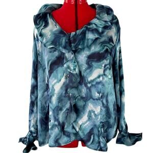 JONES NEW YORK Plus 2X Button Up Long Sleeve Agate Blue Romantic Ruffled Blouse